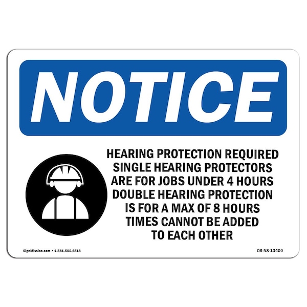 OSHA Sign, Hearing Protection Required With, 5in X 3.5in Decal, 10PK, 5" W, 3.5" H, Landscape, PK10